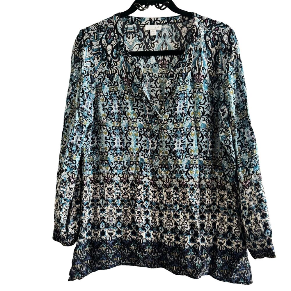 J. Jill Tunic Top Teal Blue Split Neck Rayon Floral Long Sleeve Sz M Women's